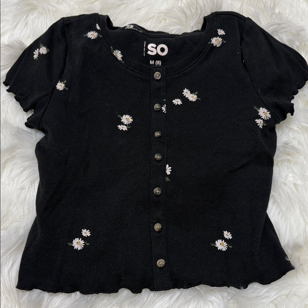 SO Black Kids Button Down Shirt with Daisy Accents E2